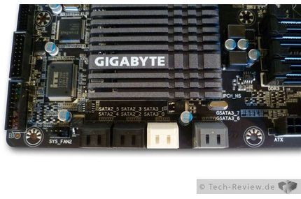Neben dem Chipsatzkühler befinden sich die abgewinkelten SATA-Anschlüsse