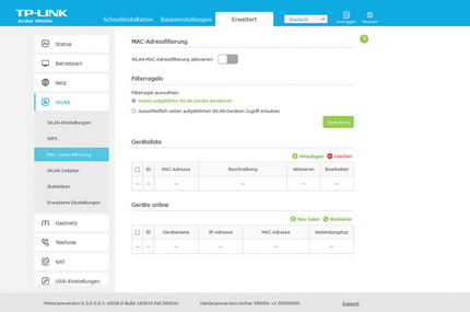 Erweitert => WLAN: MAC-Adressfilterung
