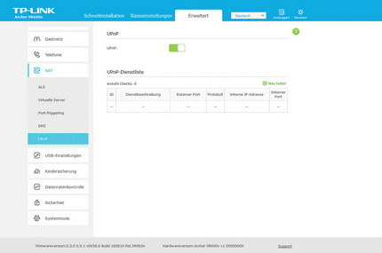 Erweitert => NAT: UPnP