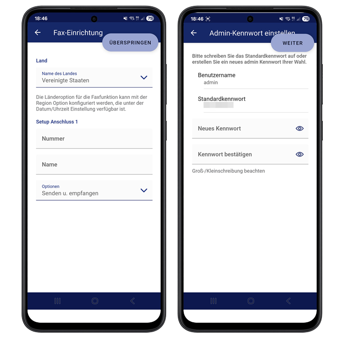 Fax-Einrichtung und Adminkonto